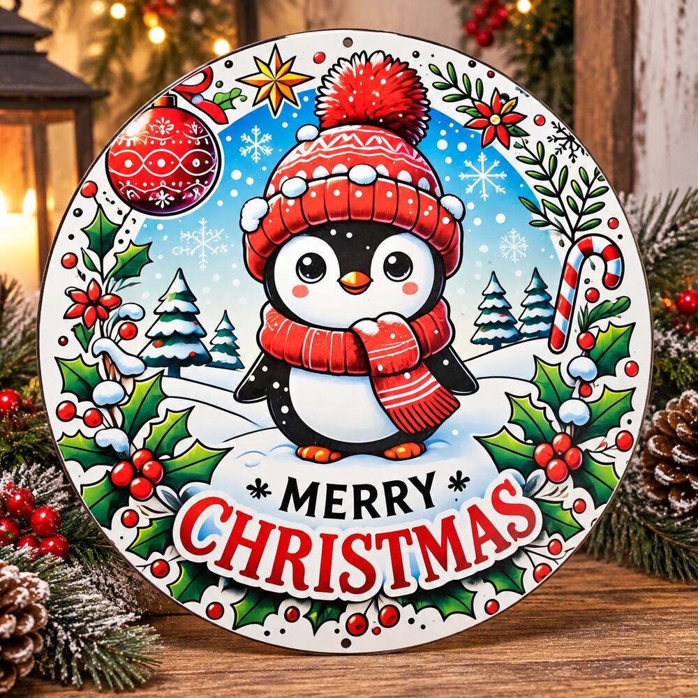 Merry Christmas Penguin 8 Inch Round Metal Tin Sign Holiday Wreath Decor